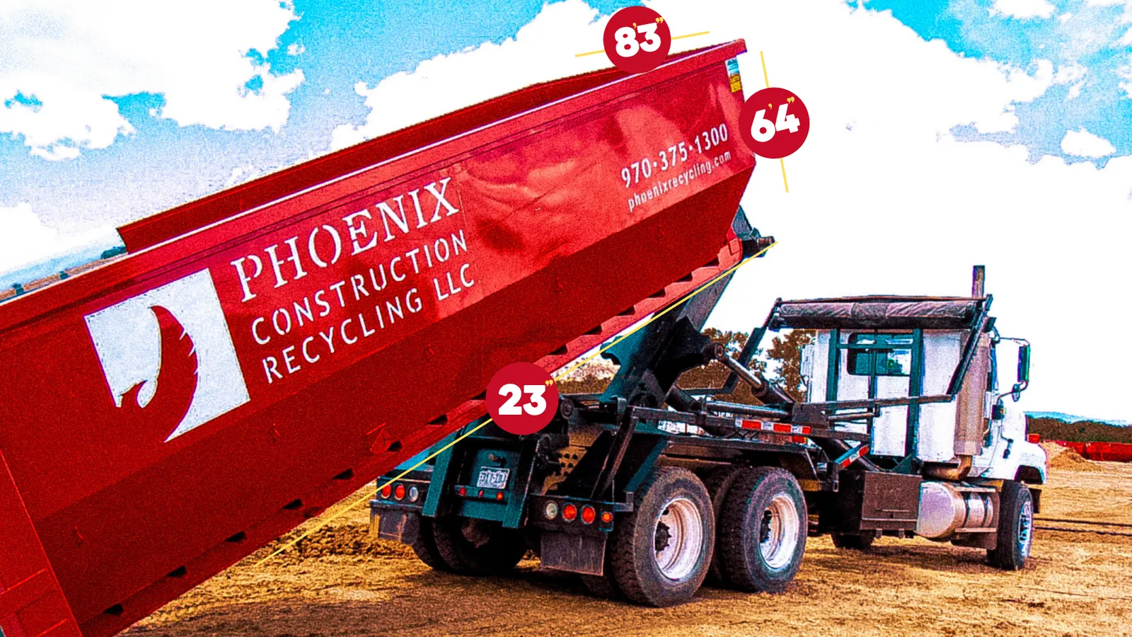 The Future of Roll-Off Software: Why Networks Win — Phoenix Construction Recycling roll-off truck dumping at a job site with container dimensions overlay