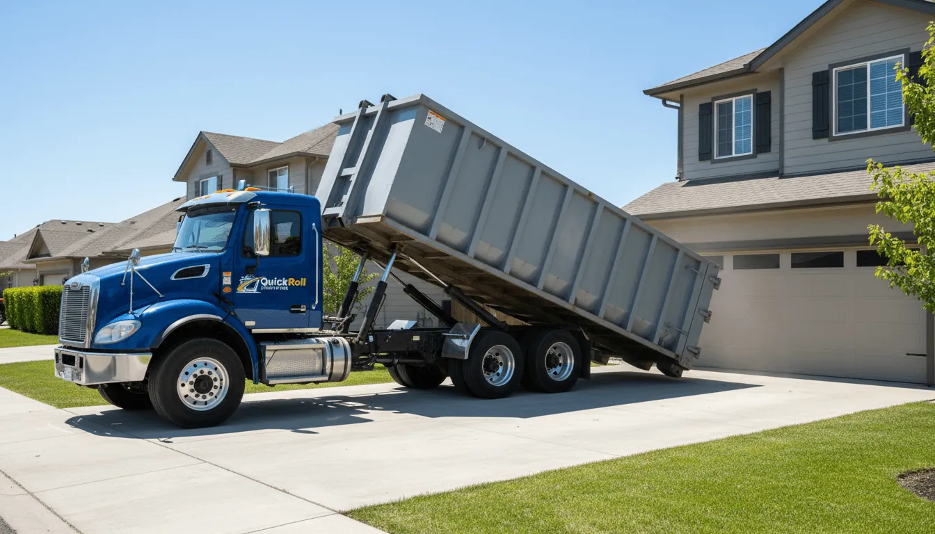 Blue QuickRoll truck tilting a gray roll-off off the bed in front of a suburban home. Photo courtesy of QuickRoll Dumpsters.
