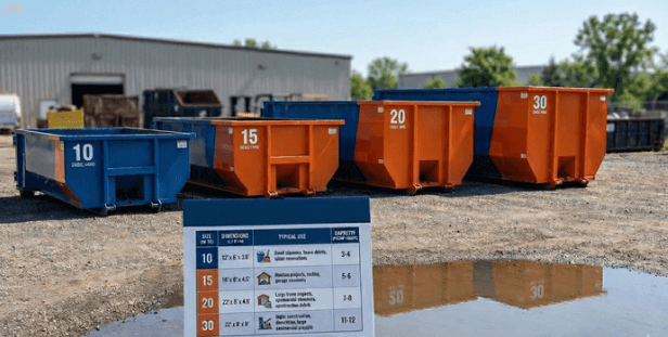 Dumpster Rental Pricing Guide: How to Price for Profit — Lineup of 10, 15, 20 and 30 yard roll-off dumpsters with a sizing chart placard