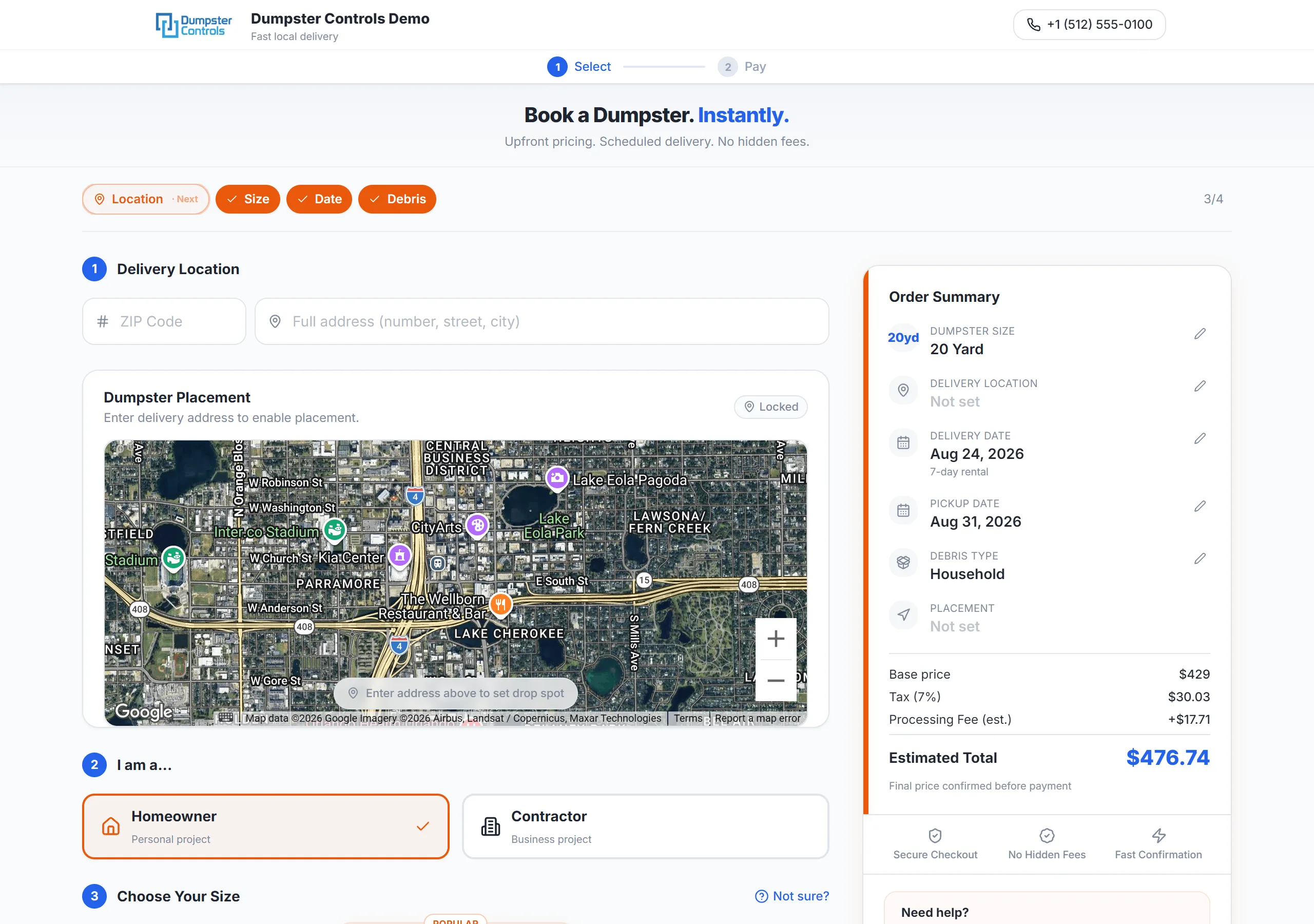 Real Dumpster Controls online booking page: delivery location with placement map, size selection, live order summary with pricing, homeowner or contractor choice