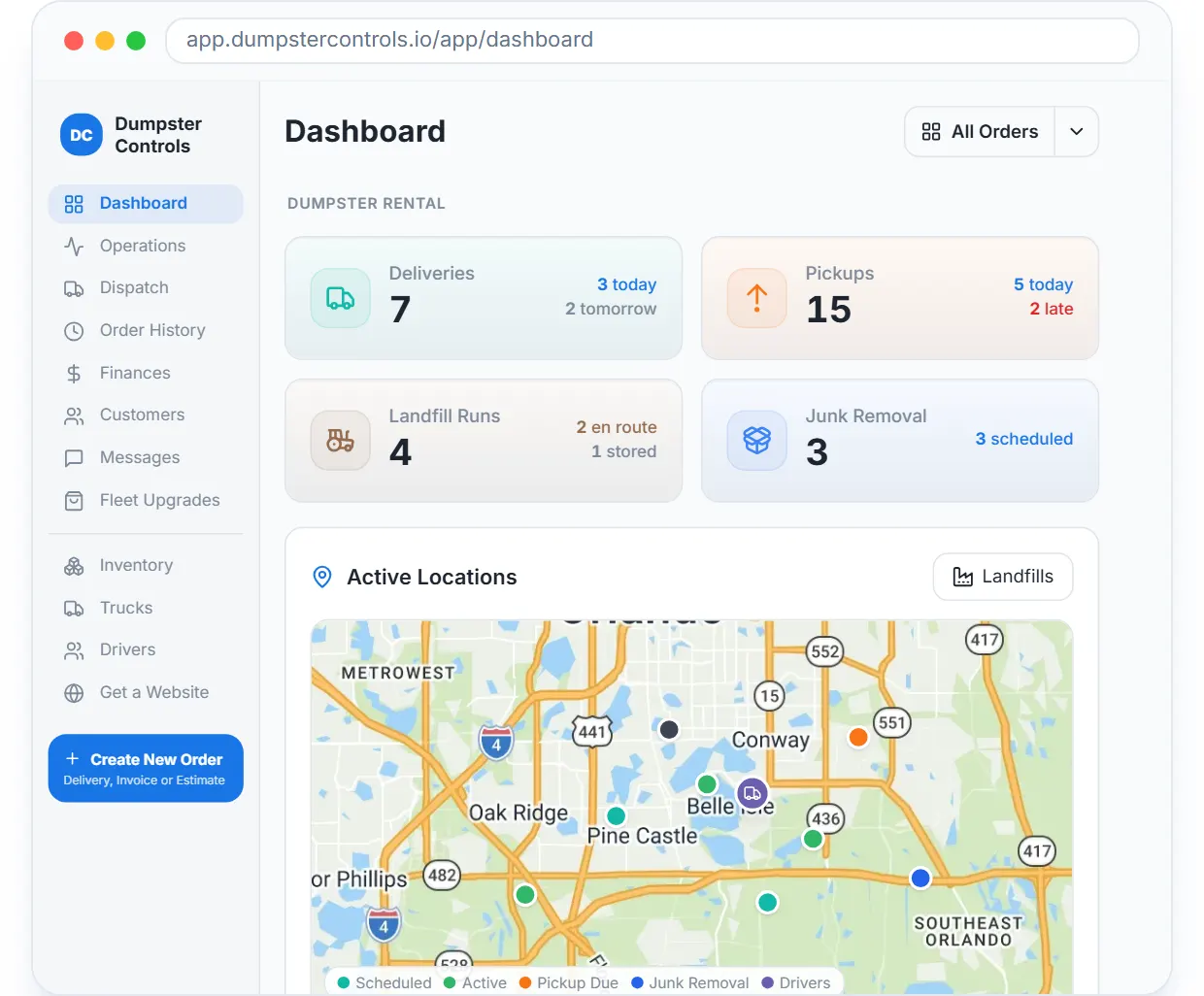 Dumpster Controls dashboard, real screen: deliveries, pickups and landfill runs KPIs, live map with active locations, drivers and revenue