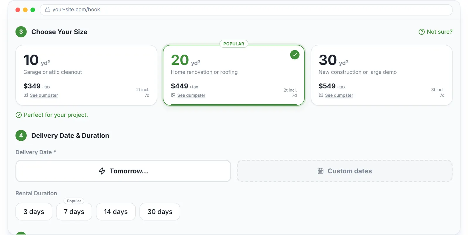 Dumpster rental website builder: the booking widget embedded on a company website