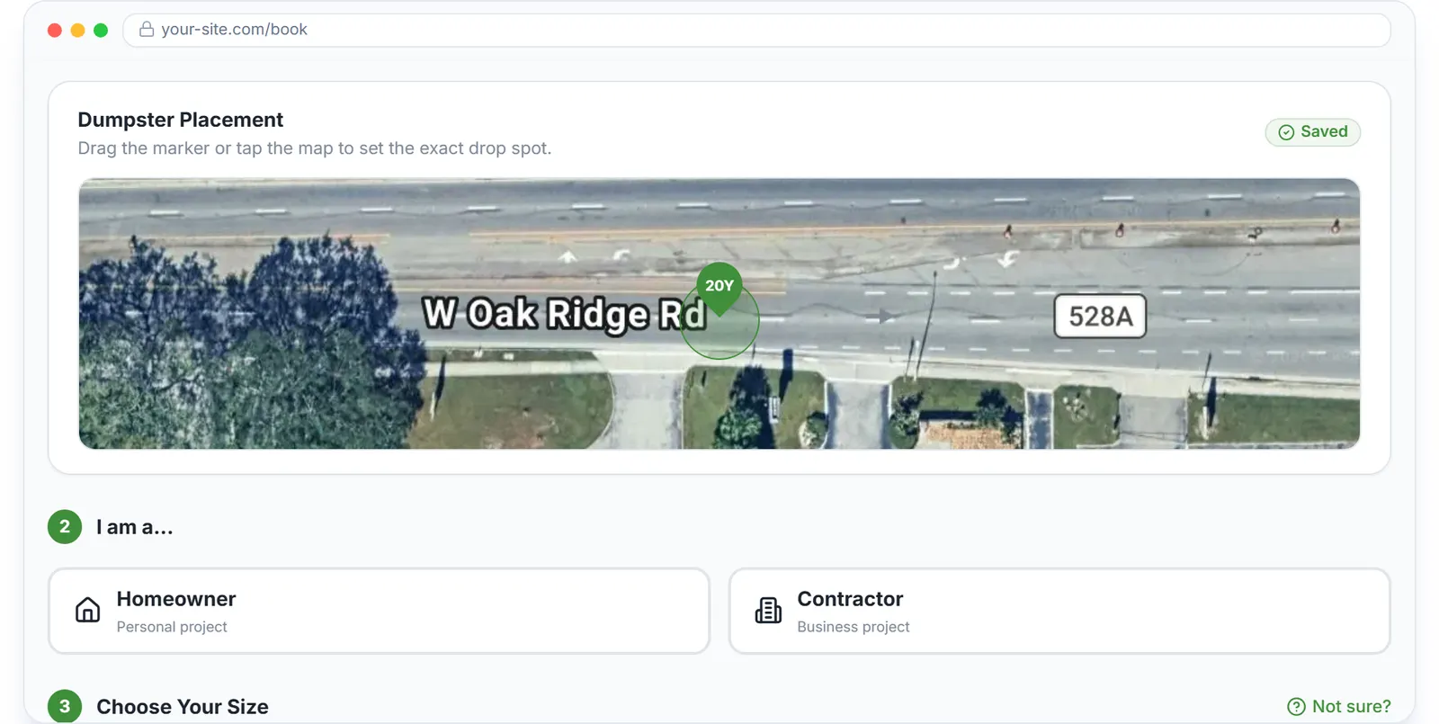 Dumpster booking software as the customer sees it: dumpster sizes, dates, pin-drop placement and card payment on the public booking page