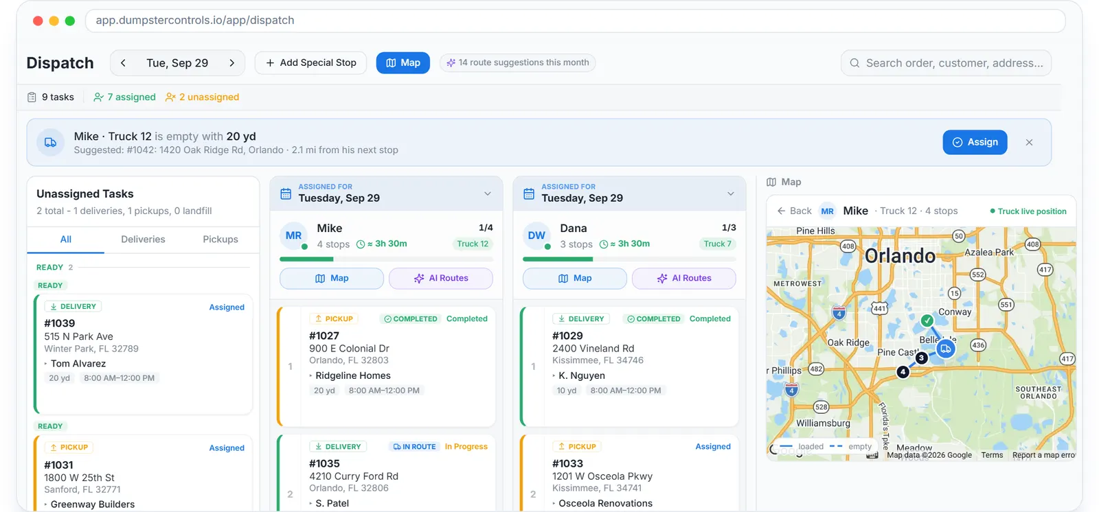 Dumpster dispatch software board with drivers as lanes and delivery, swap and pickup cards ready to drag