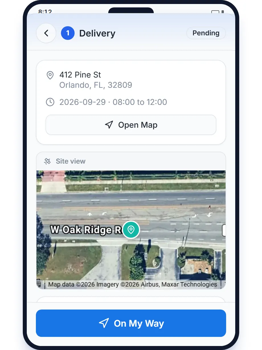 Dumpster driver app on a phone, real screen: the stop sheet with the address, site view, customer card, photo proof slots and the slide to complete