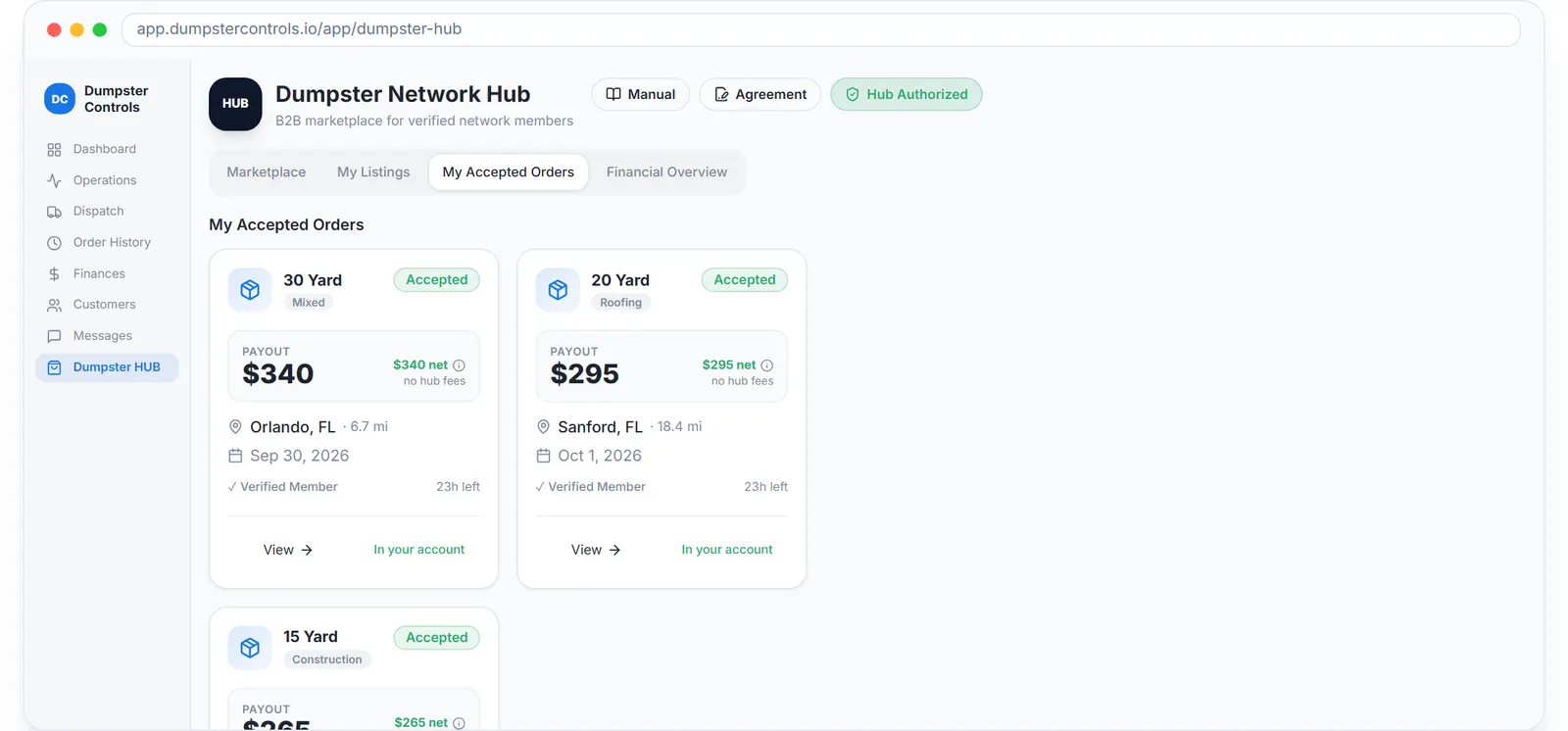 Dumpster marketplace software: Dumpster Net Hub board with jobs listed by nearby companies and offers