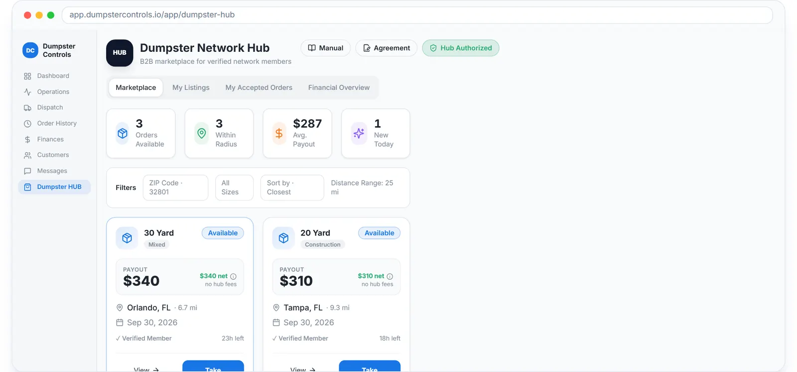 Waste management software: the Dumpster Net Hub marketplace board with jobs listed by nearby companies