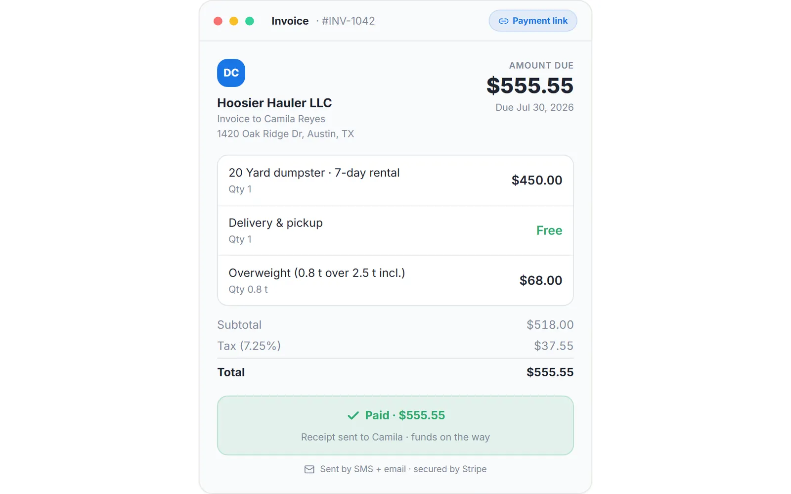 Dumpster rental CRM: an invoice sent from the customer record, with its payment link