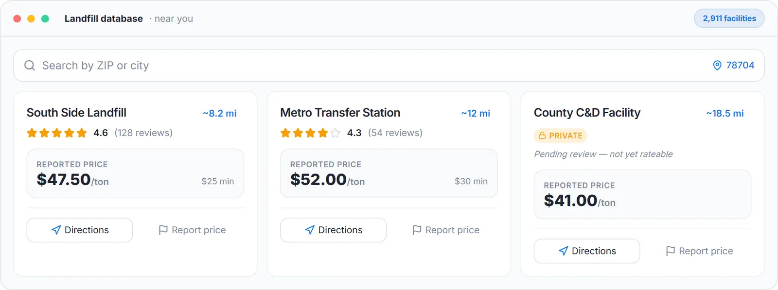 Landfill management software: nearby landfills with distance and tipping fees