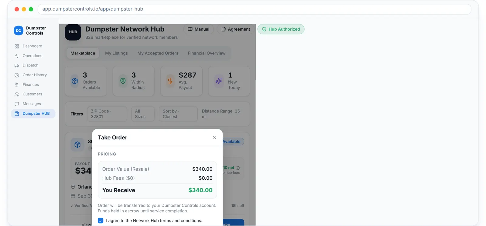 Dumpster marketplace software: a job listed on the Dumpster Net Hub with its price and distance