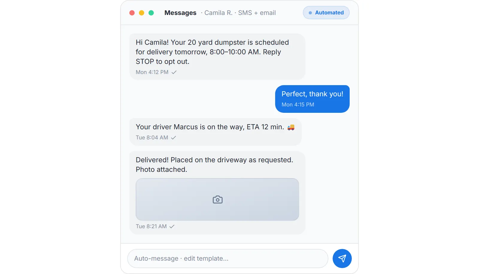 Customer relationships in junk removal: the automated SMS and email thread with a customer, from the scheduling confirmation to on the way and delivered