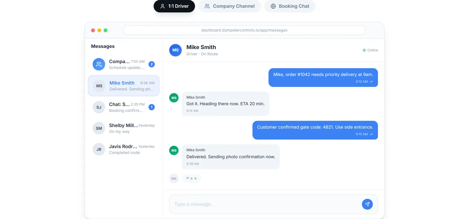 Customer messages inbox with SMS and email threads per order