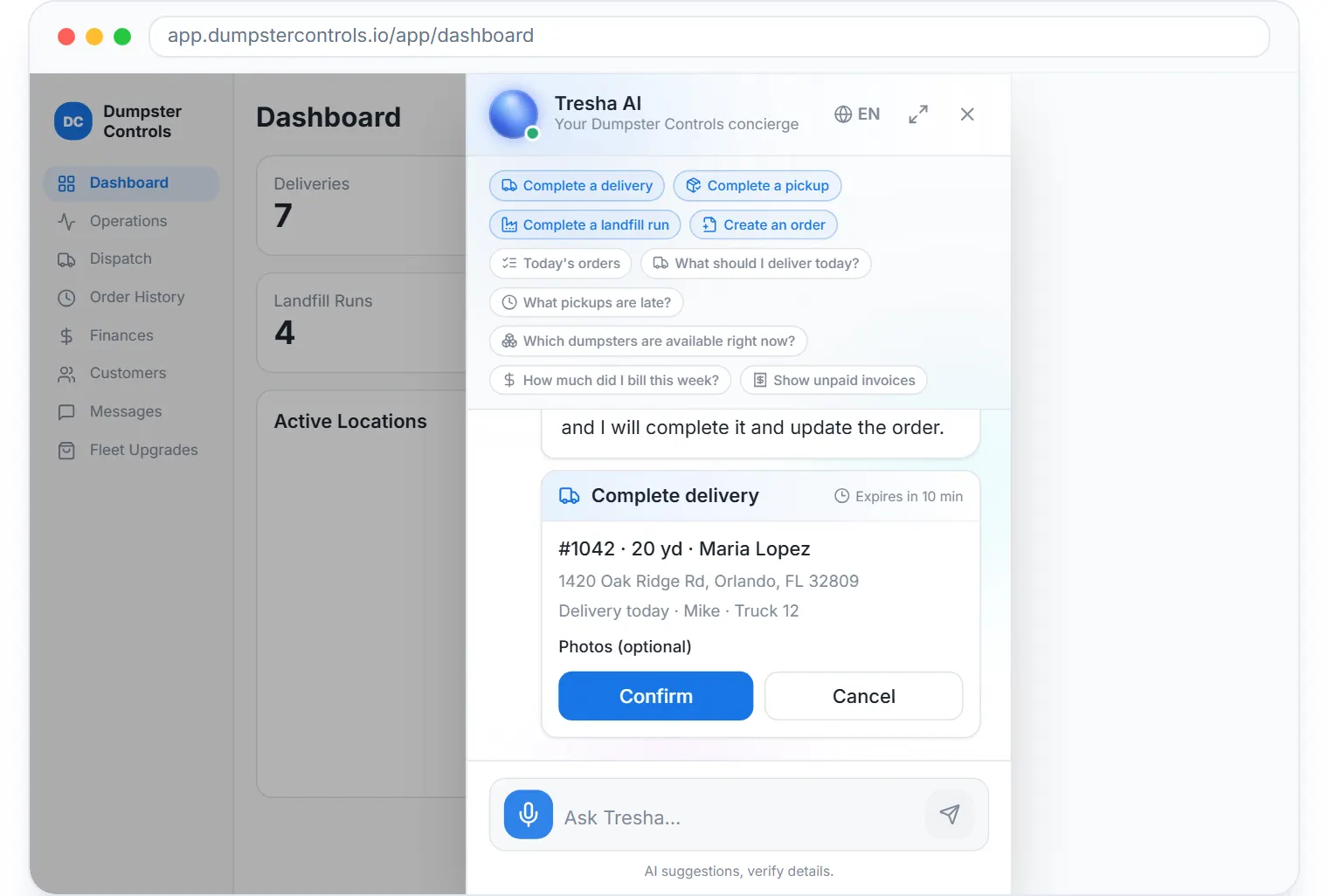 Tresha AI assistant chat in dumpster rental software answering an operations question and completing a task